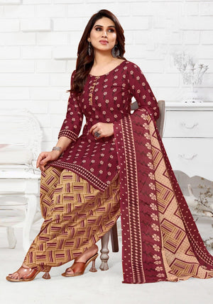 Maroon Printed Cotton Dress Material