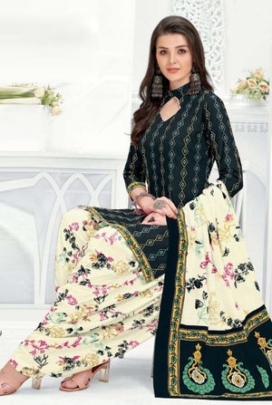 Dark Green Printed Cotton Dress Material