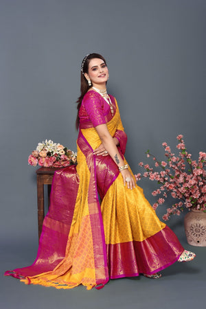 Yellow Dark Pink Colour Cotton Silk Saree For Women's