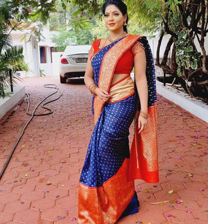 Bule and Red Soft Lichi Silk Saree