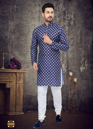 Blue and White Digital Print Cotton Full Kurta Pajama for Mens