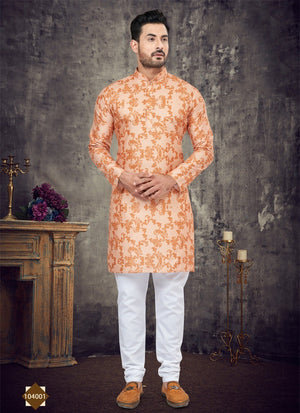 Orange Cotton Digital Print Kurta Pajama For Mens