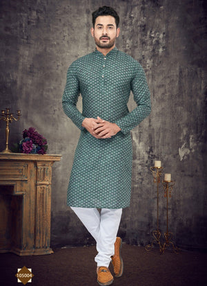 Green Digital Print Cotton Full Kurta Pajama for Mens