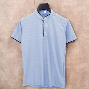 Sky Blue  Men's Solid Mandarin Collar Slim Fit Half Sleeve T-Shirt
