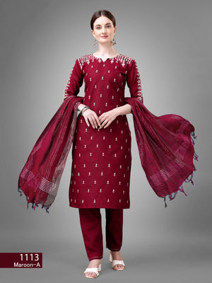 Women's Maroon Color Cotton Bland  Embroidery With Sequence Work Kurta Pant With Dupatta Set