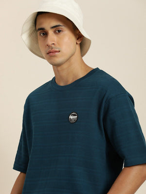 Difference of Opinion Blue Self-Design Oversized T-shirt