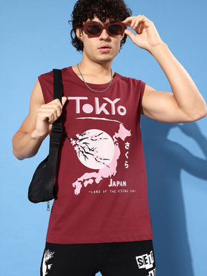 Difference of Opinion Maroon Sleeveless Graphic Oversized T-shirt