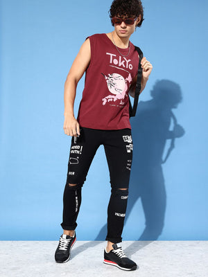 Difference of Opinion Maroon Sleeveless Graphic Oversized T-shirt